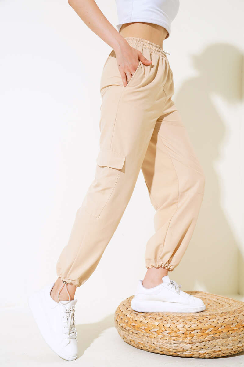 Cargo Pants with Elastic Hem - Beige