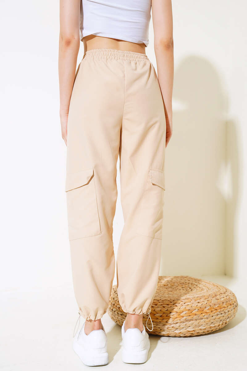 Cargo Pants with Elastic Hem - Beige