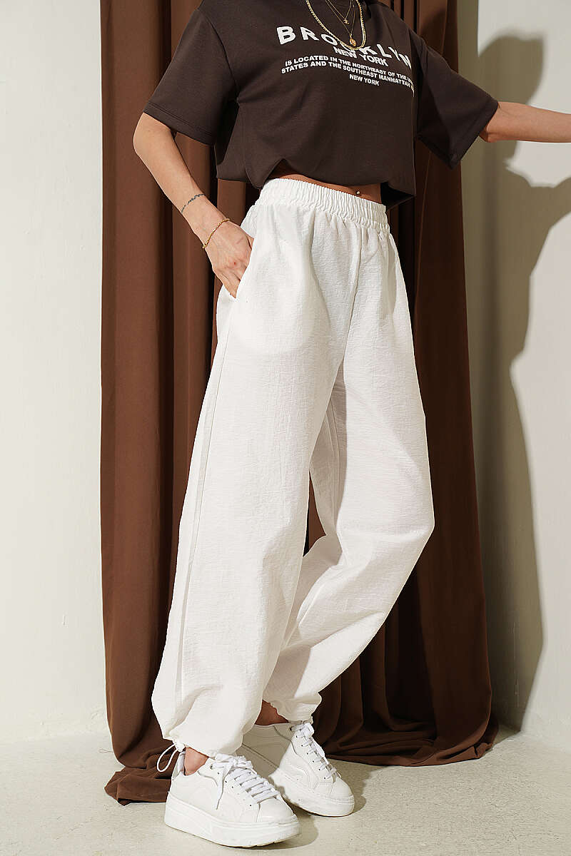 Parachute Jogger Pants with Elastic Hem - White