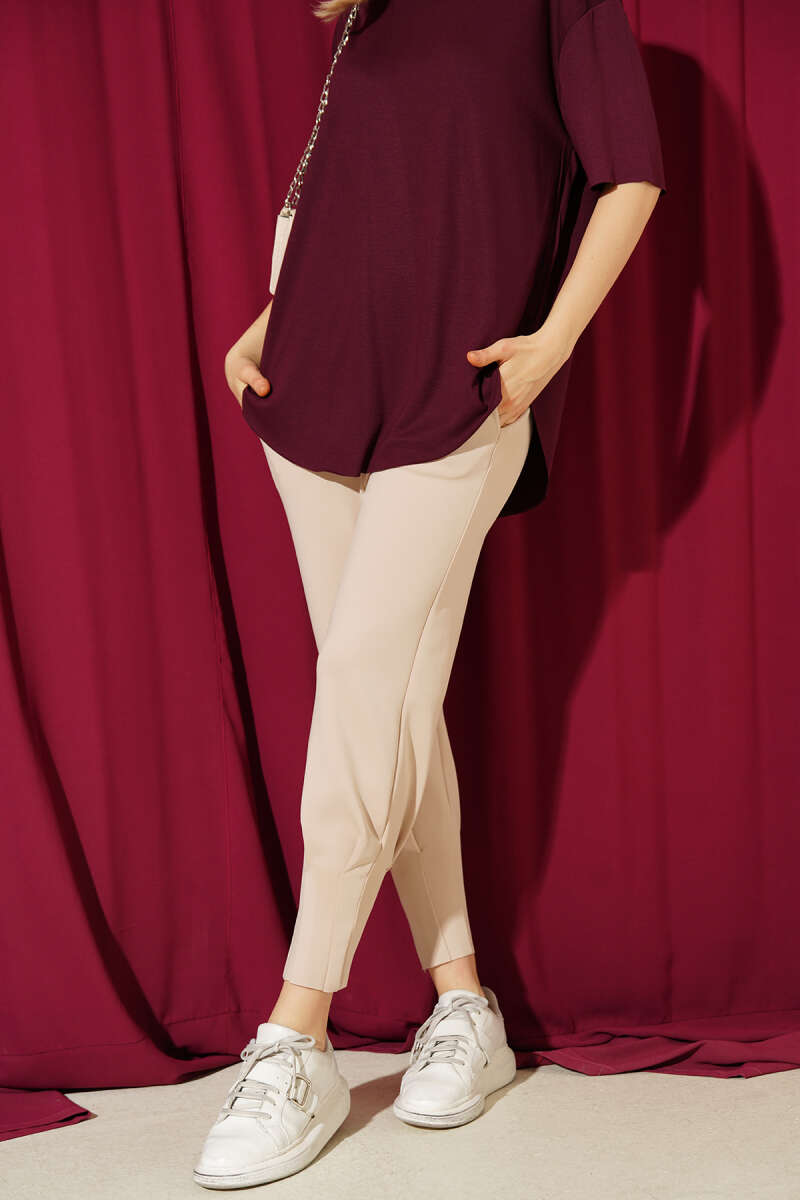 Scuba Pants with Hem Darts and Elastic Waist - Beige