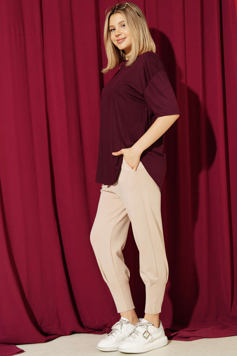 Scuba Pants with Hem Darts and Elastic Waist - Beige