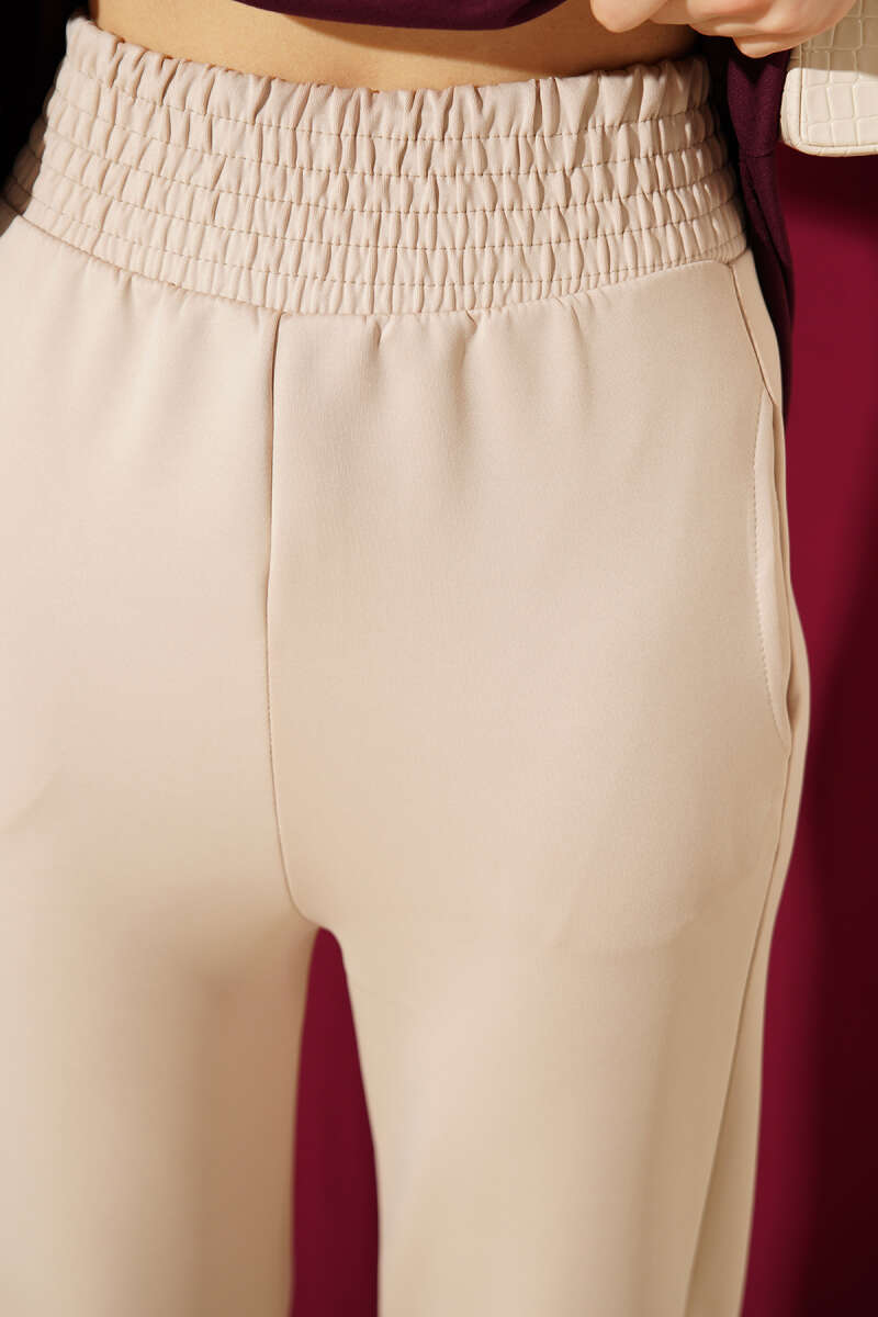 Scuba Pants with Hem Darts and Elastic Waist - Beige