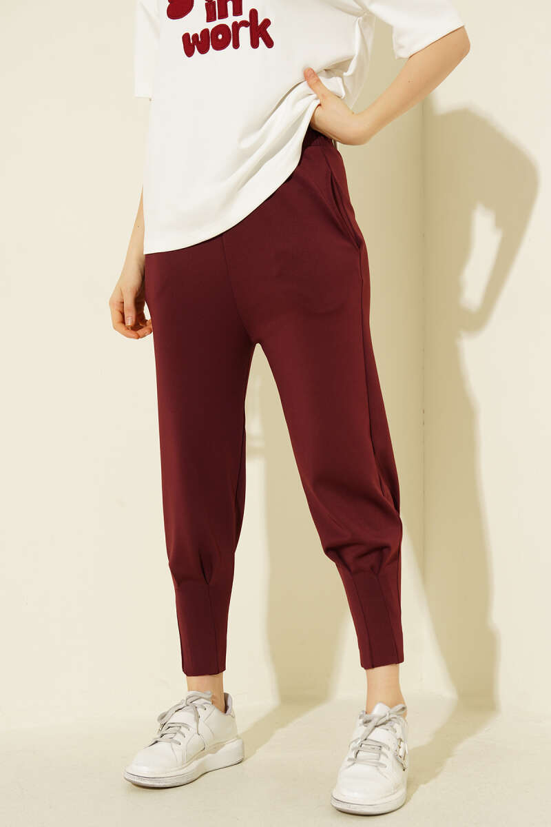 Scuba Pants with Hem Darts and Elastic Waist - Burgundy