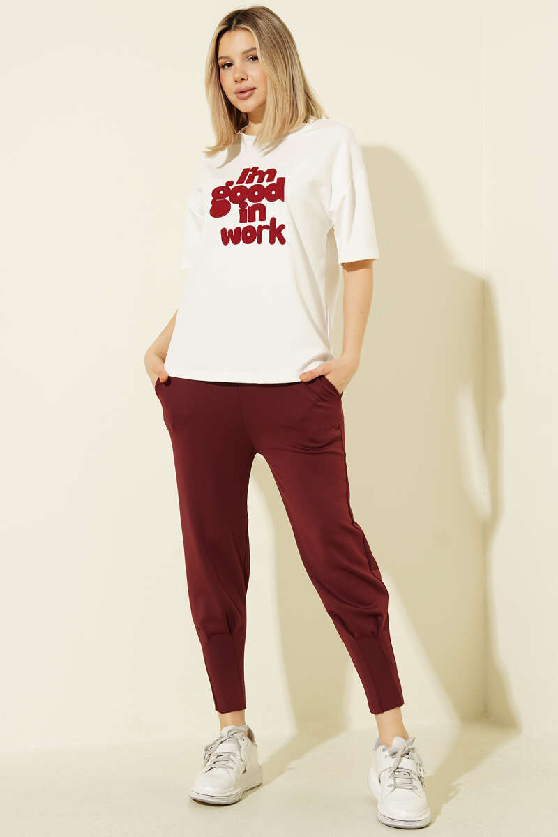 Scuba Pants with Hem Darts and Elastic Waist - Burgundy