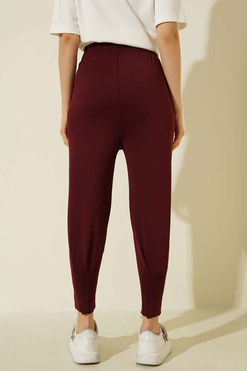 Scuba Pants with Hem Darts and Elastic Waist - Burgundy