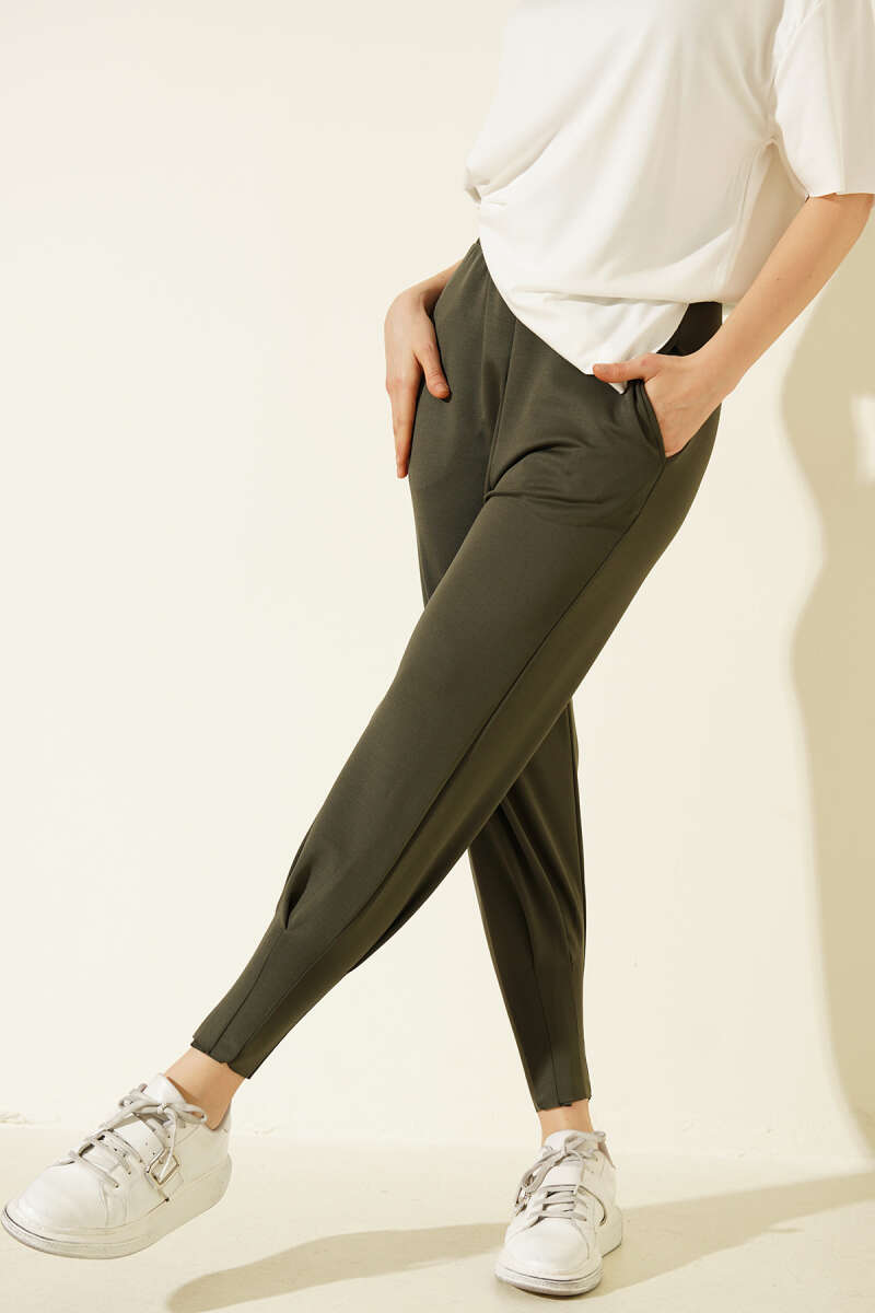 Scuba Pants with Hem Darts and Elastic Waist - Khaki