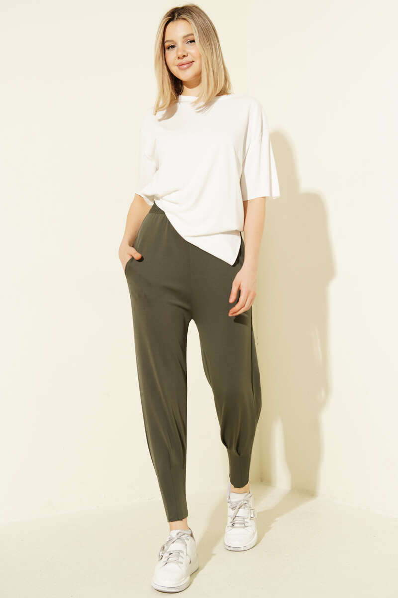 Scuba Pants with Hem Darts and Elastic Waist - Khaki