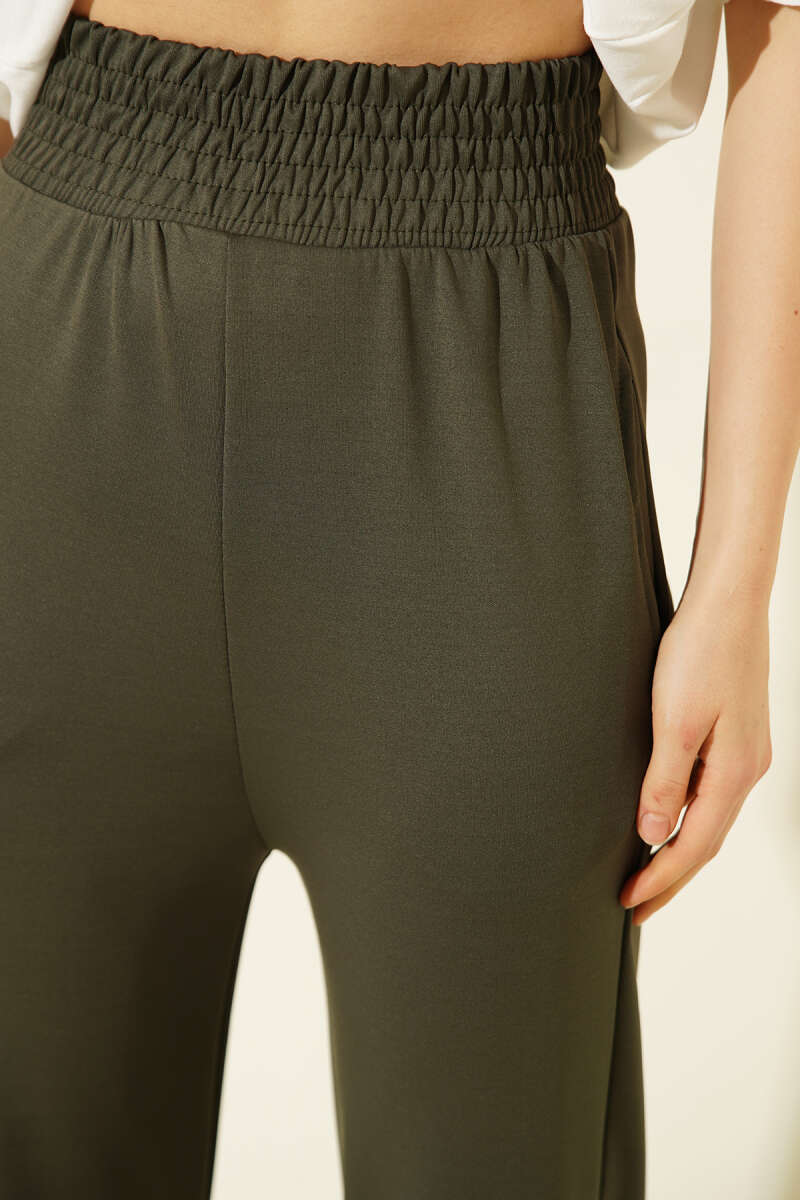 Scuba Pants with Hem Darts and Elastic Waist - Khaki