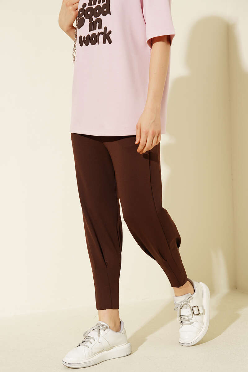 Scuba Pants with Hem Darts and Elastic Waist - Brown