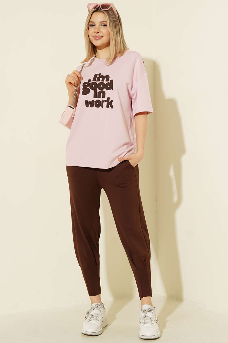 Scuba Pants with Hem Darts and Elastic Waist - Brown