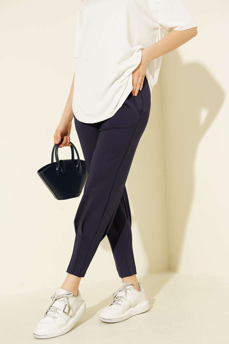 Scuba Pants with Hem Darts and Elastic Waist - Navy