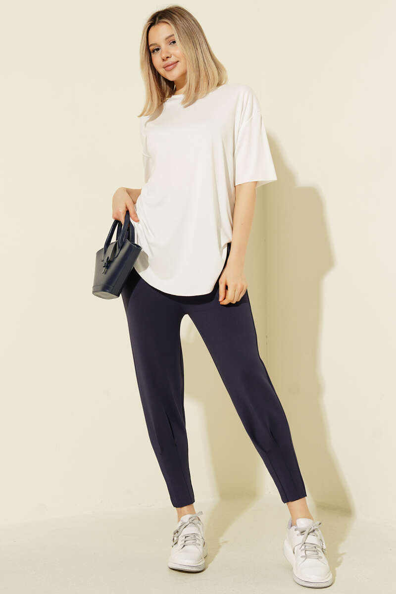 Scuba Pants with Hem Darts and Elastic Waist - Navy
