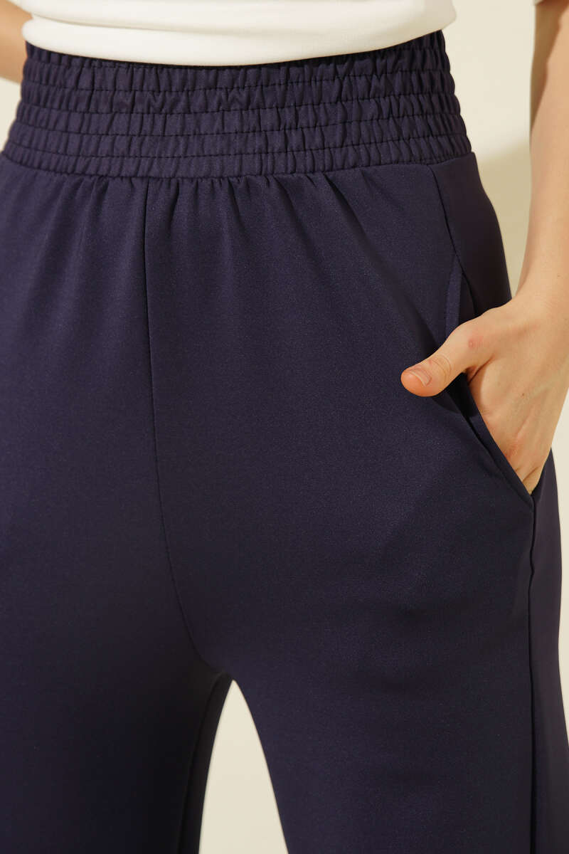 Scuba Pants with Hem Darts and Elastic Waist - Navy