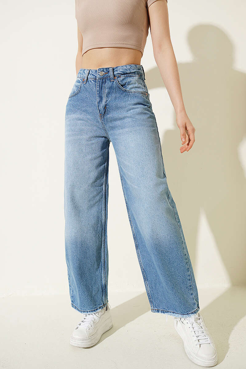 Baggy Pants with Tasselled Hem - Light Blue
