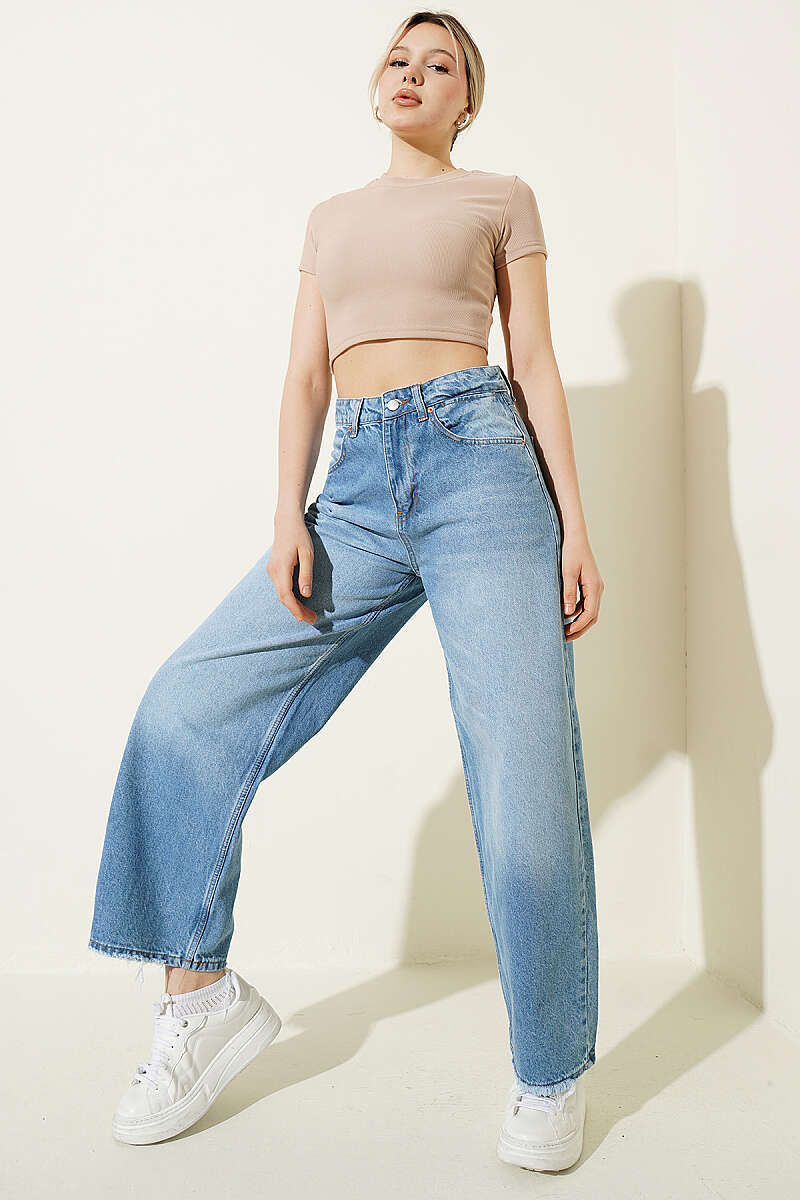 Baggy Pants with Tasselled Hem - Light Blue
