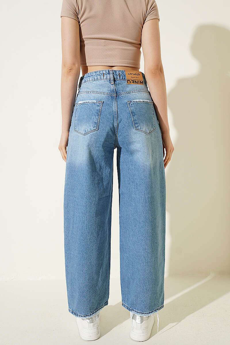 Baggy Pants with Tasselled Hem - Light Blue