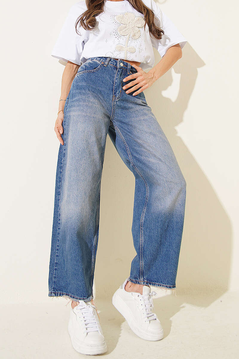 Baggy Pants with Tasselled Hem - Denim Blue