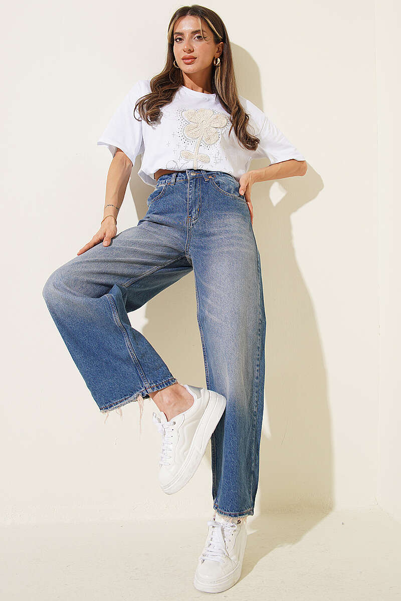 Baggy Pants with Tasselled Hem - Denim Blue