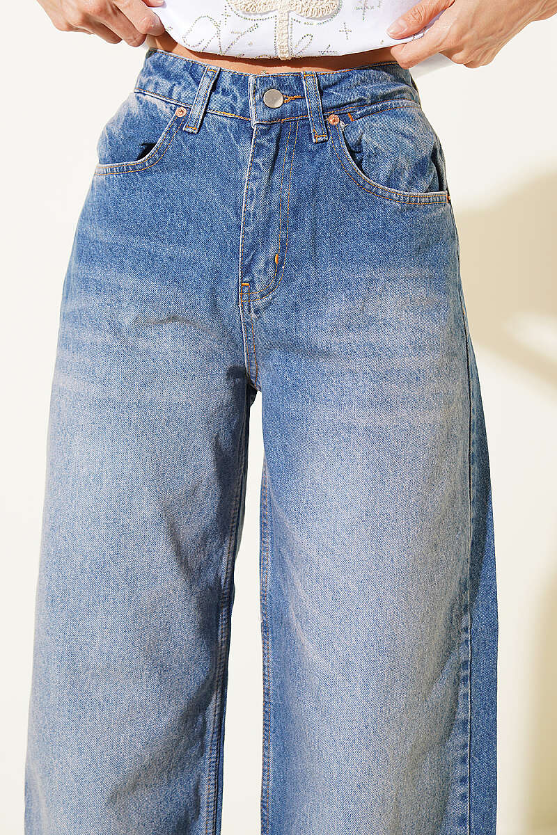 Baggy Pants with Tasselled Hem - Denim Blue