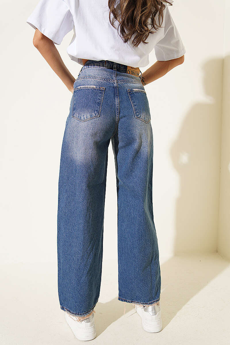 Baggy Pants with Tasselled Hem - Denim Blue