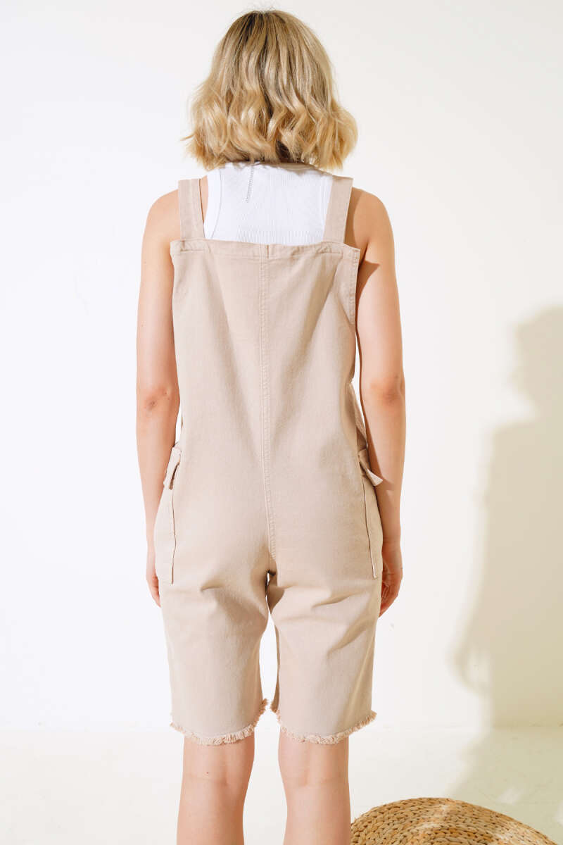 Short Dungarees with Tasselled Hem - Beige