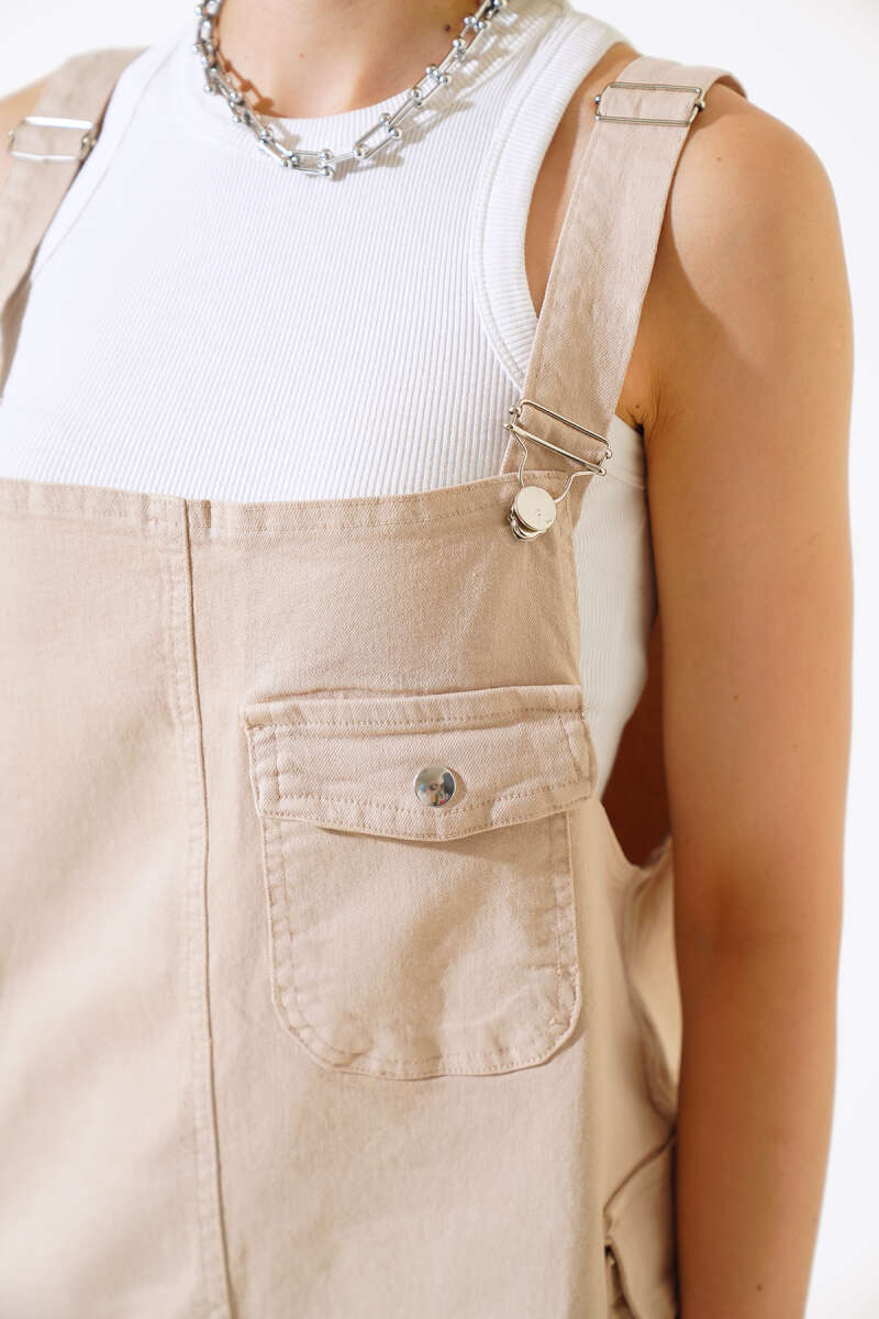 Short Dungarees with Tasselled Hem - Beige