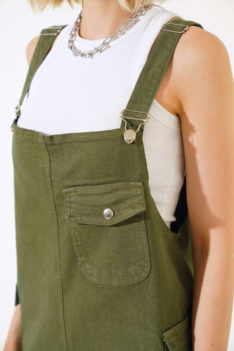Short Dungarees with Tasselled Hem - Khaki