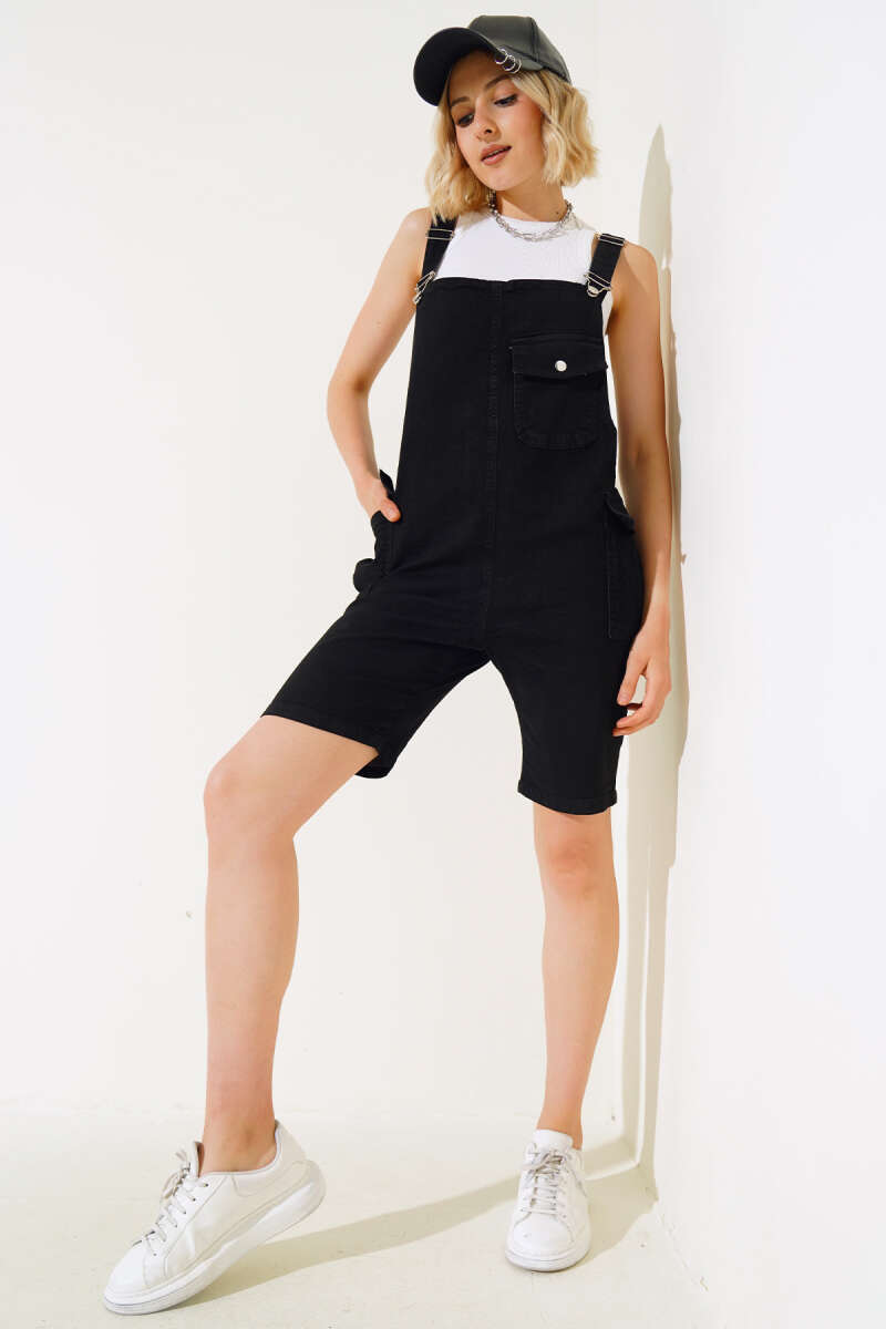 Short Dungarees with Tasselled Hem - Black