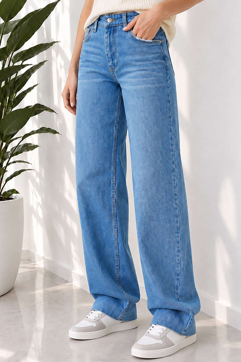 Palazzo Jeans with Fringed Hem - Light Blue