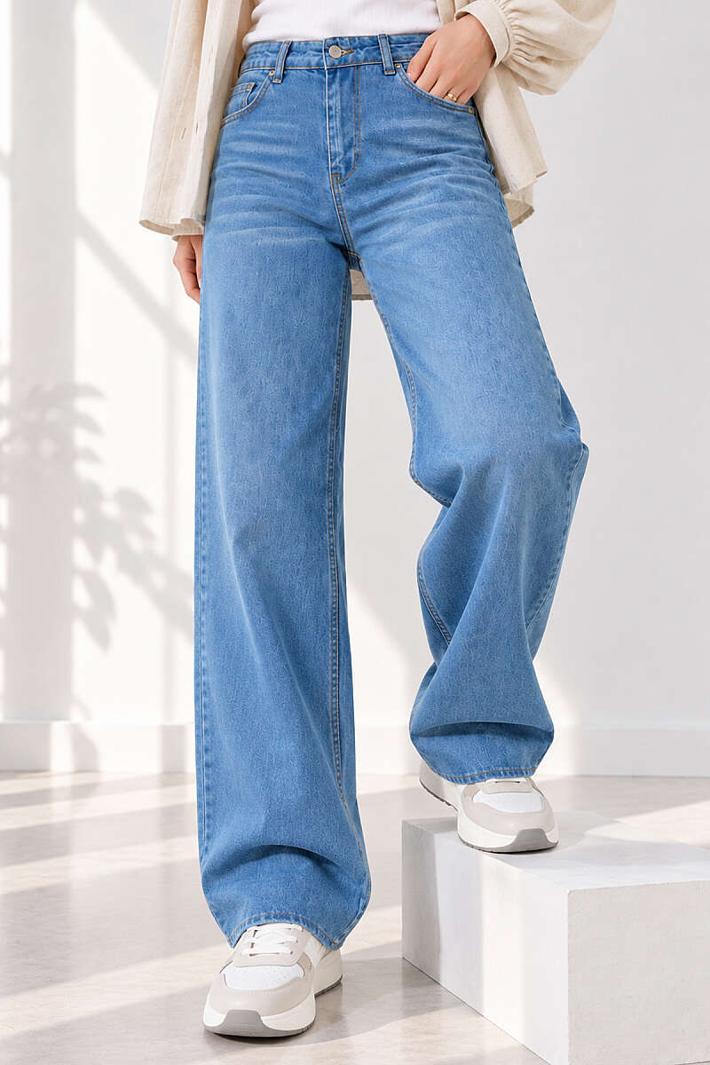 Palazzo Jeans with Fringed Hem - Light Blue