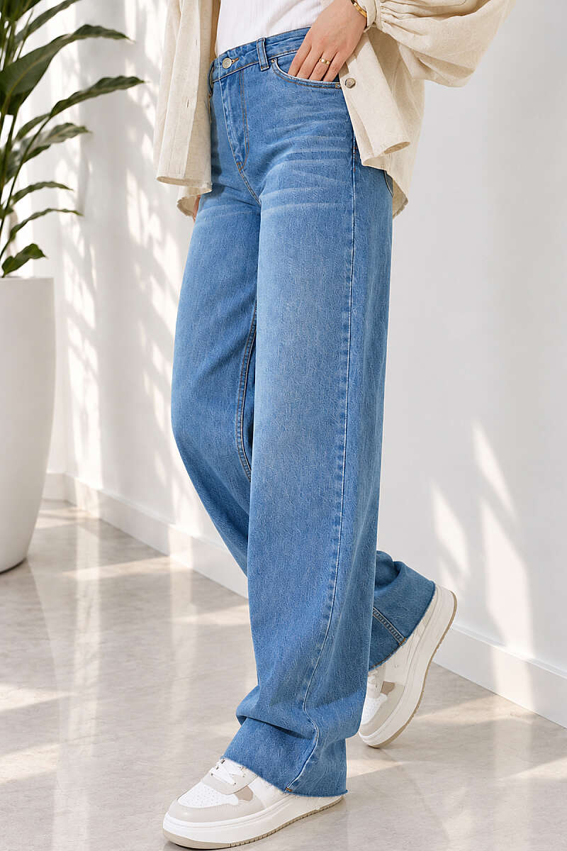 Palazzo Jeans with Fringed Hem - Light Blue