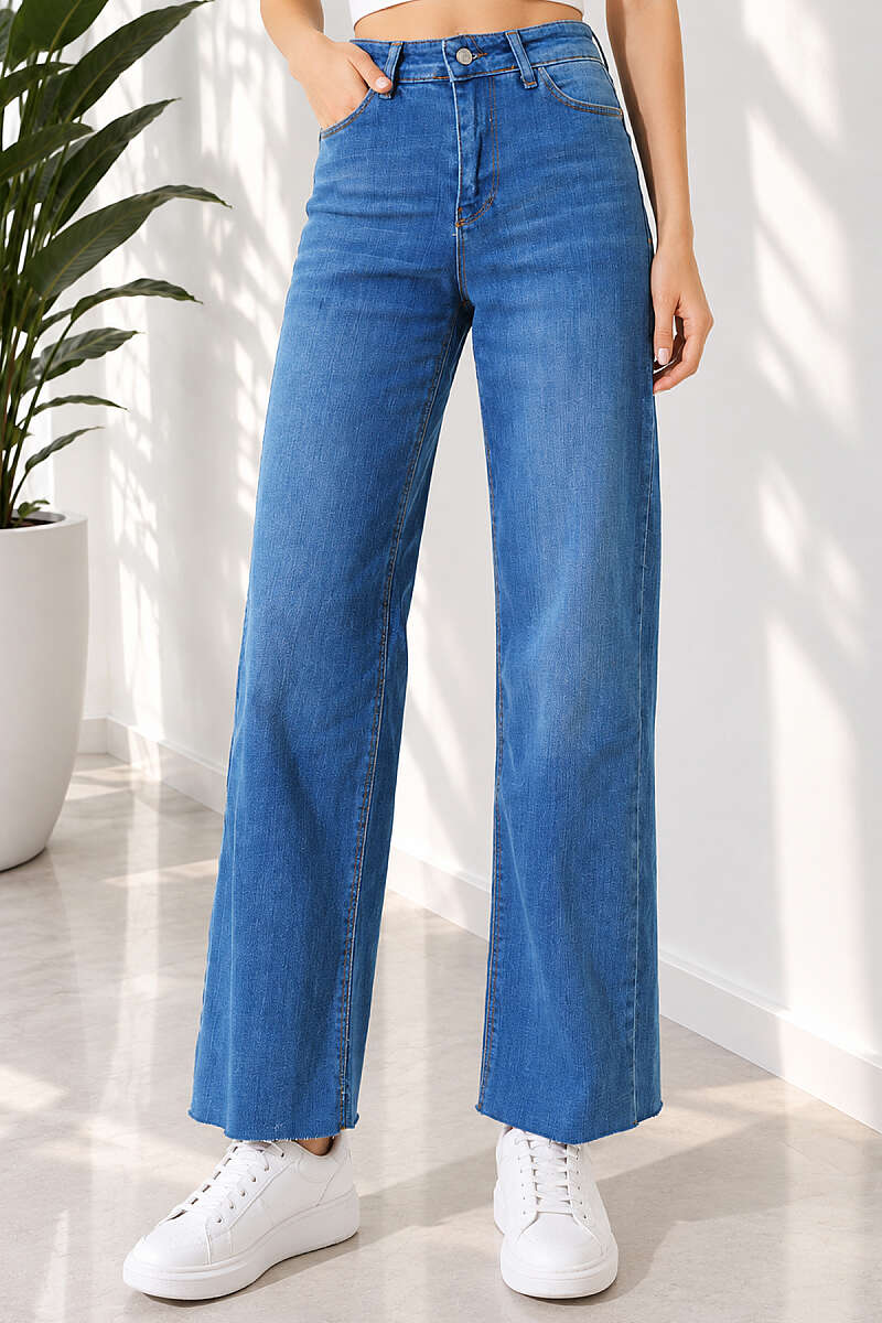 Palazzo Jeans with Fringed Hem - Blue