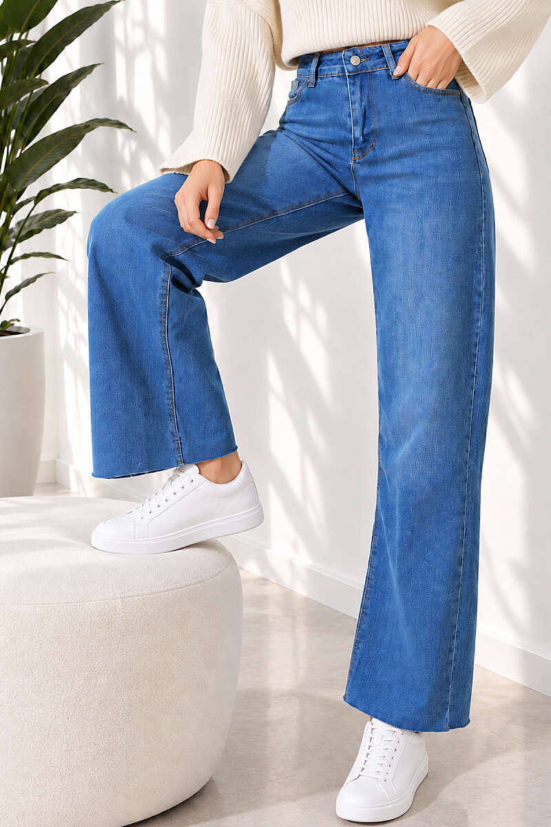 Palazzo Jeans with Fringed Hem - Blue