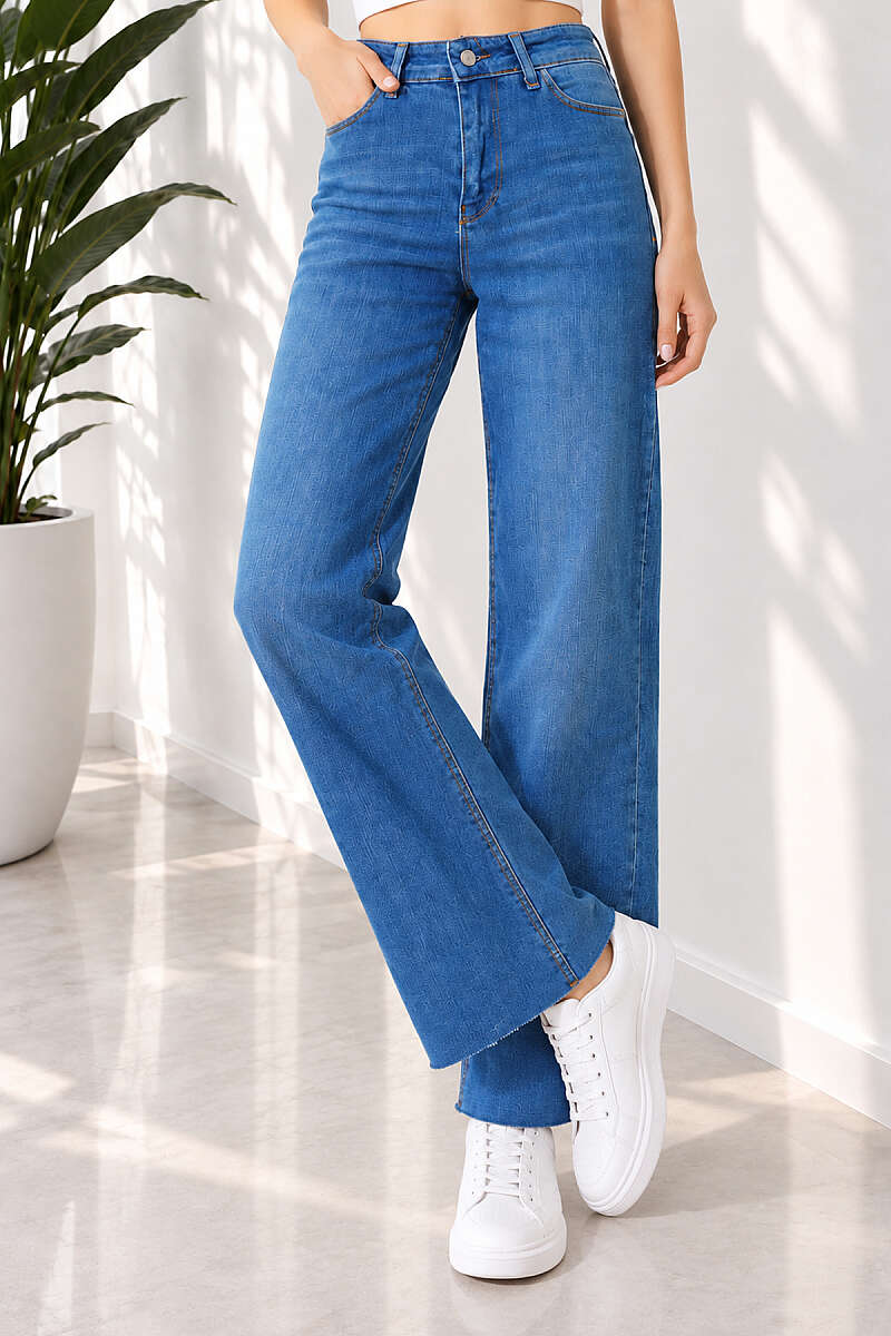 Palazzo Jeans with Fringed Hem - Blue