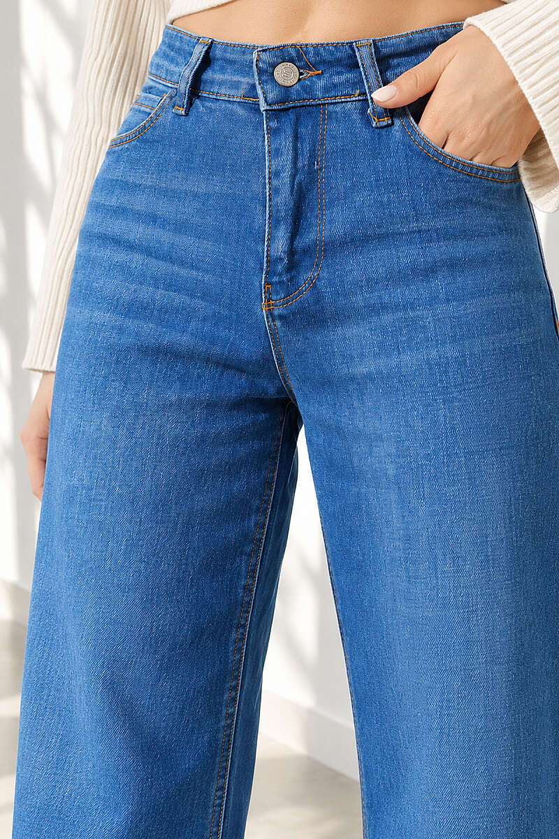 Palazzo Jeans with Fringed Hem - Blue