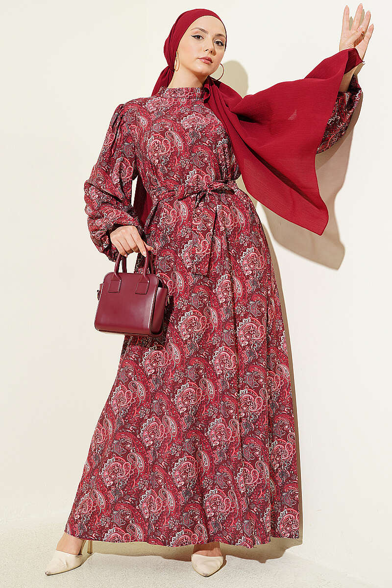 Belted Paisley Dress with Puff Sleeves - Burgundy
