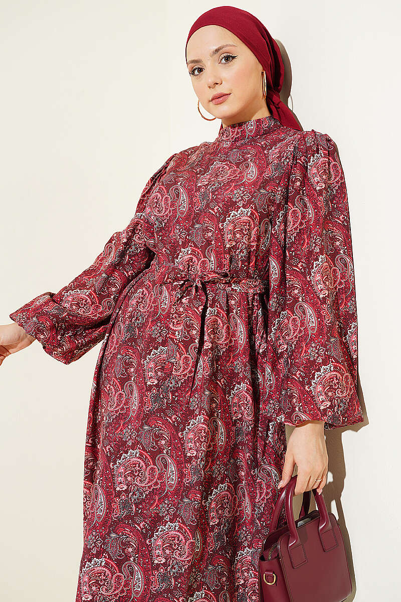 Belted Paisley Dress with Puff Sleeves - Burgundy