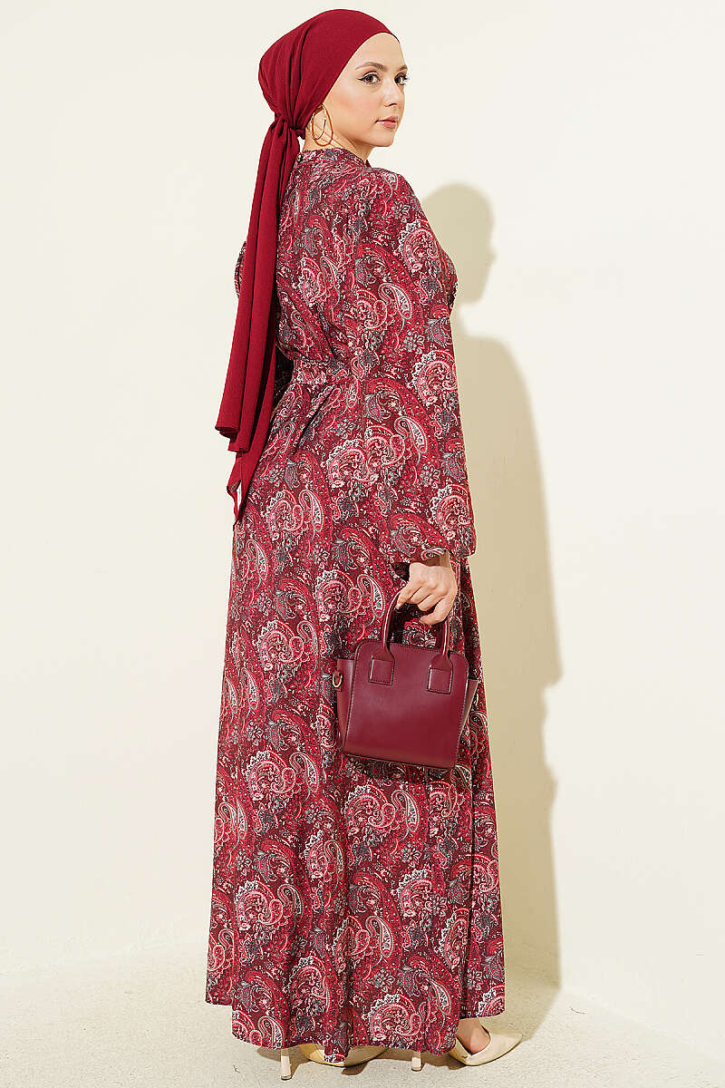 Belted Paisley Dress with Puff Sleeves - Burgundy