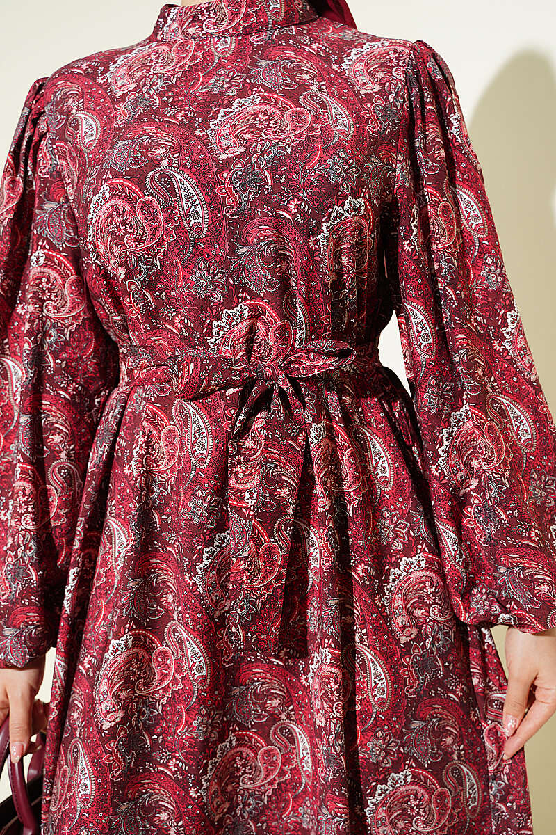 Belted Paisley Dress with Puff Sleeves - Burgundy
