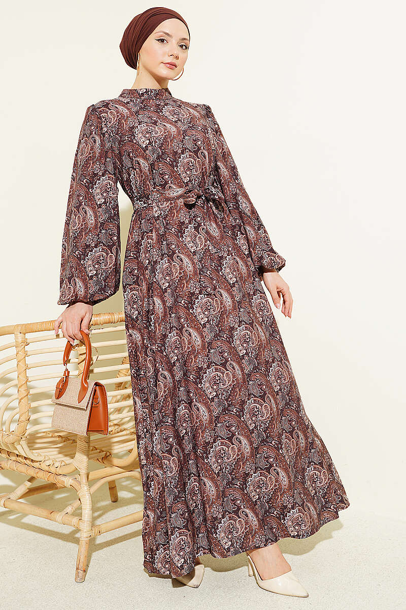 Belted Paisley Dress with Puff Sleeves - Brown