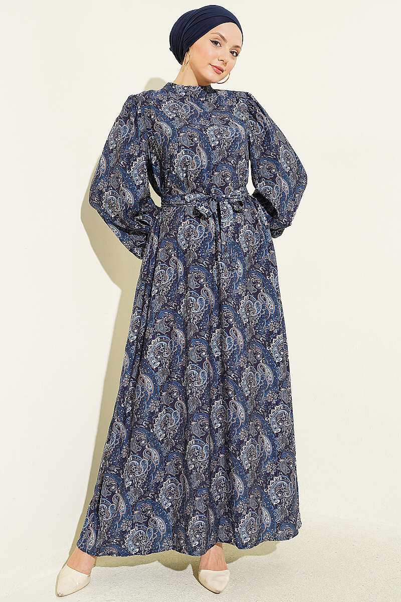 Belted Paisley Dress with Puff Sleeves - Navy