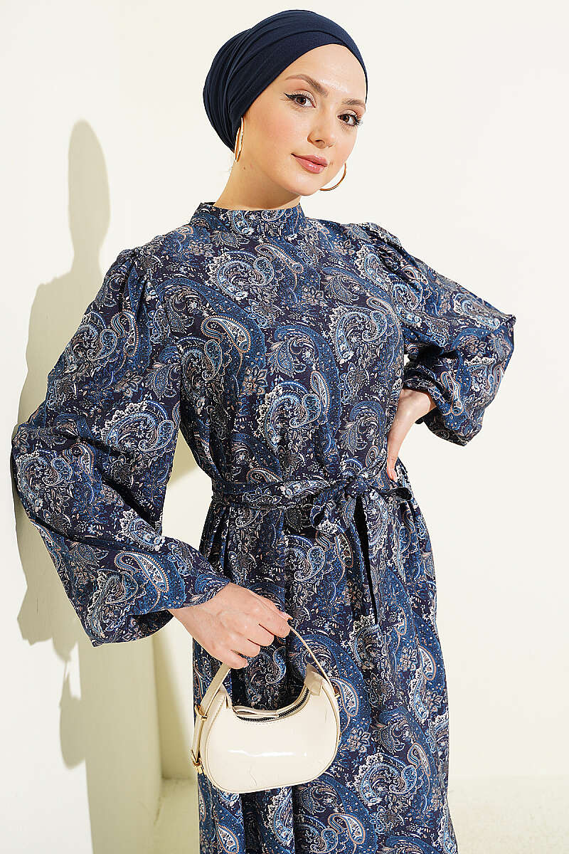Belted Paisley Dress with Puff Sleeves - Navy