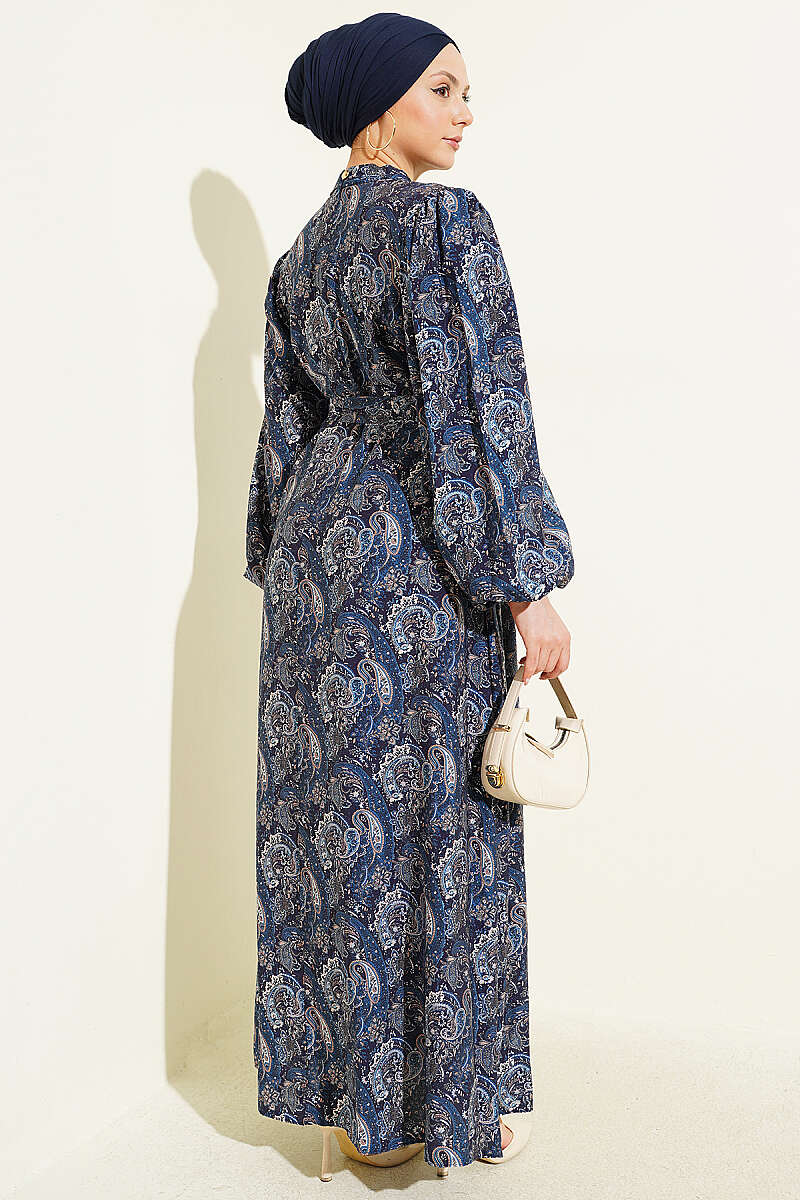 Belted Paisley Dress with Puff Sleeves - Navy