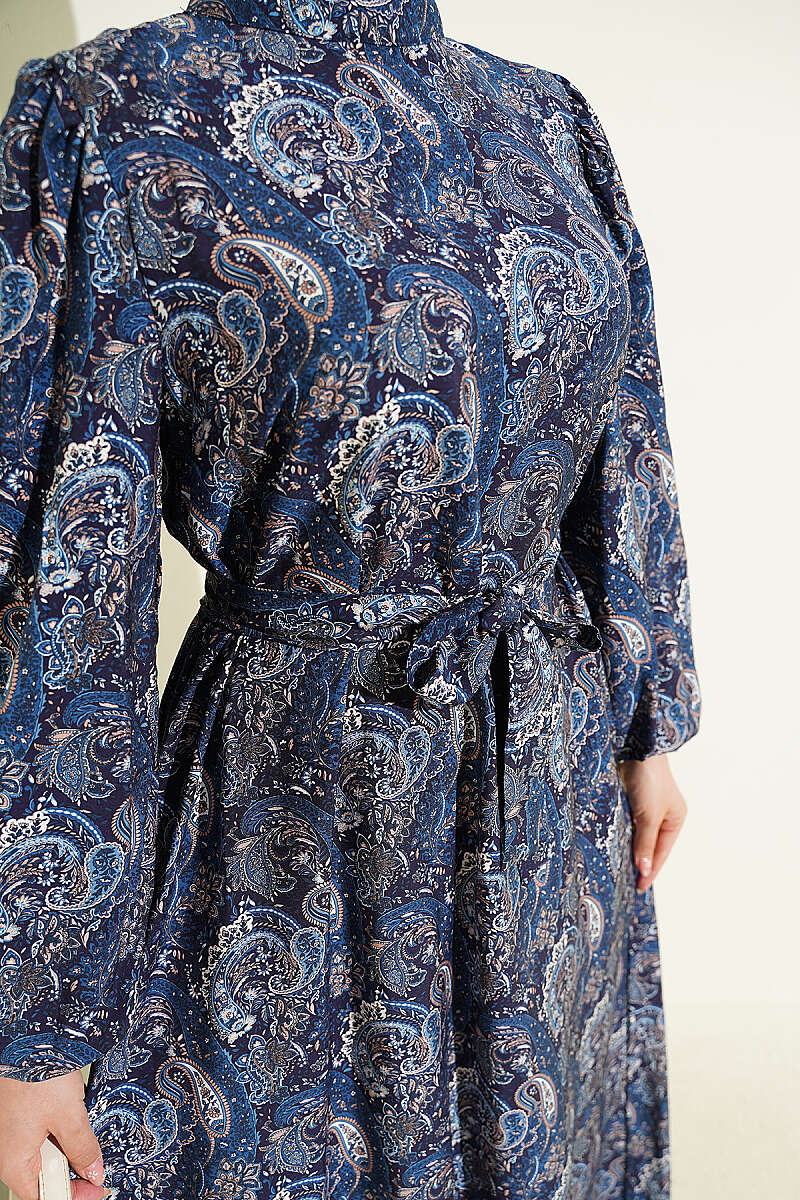 Belted Paisley Dress with Puff Sleeves - Navy