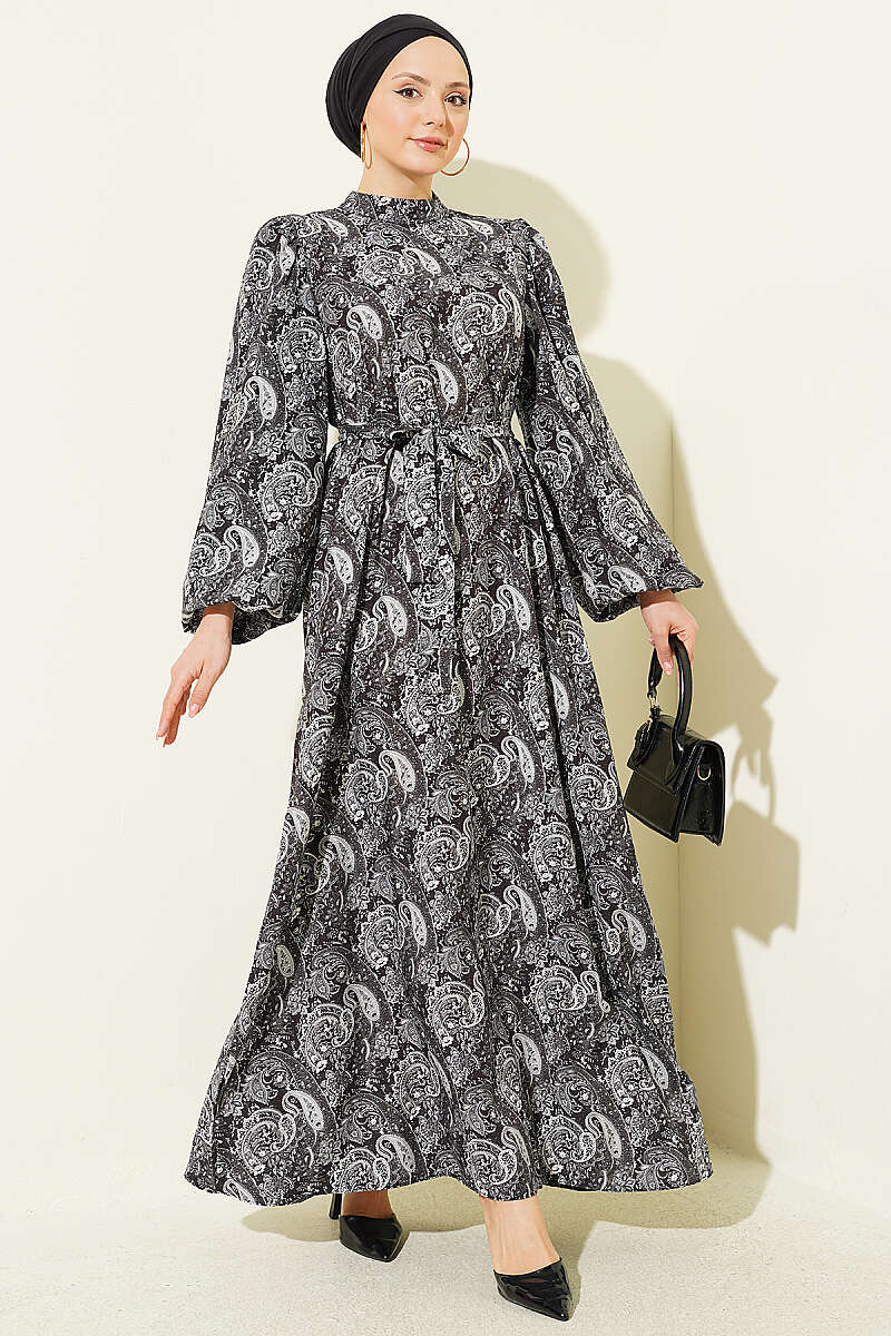 Belted Paisley Dress with Puff Sleeves - Black