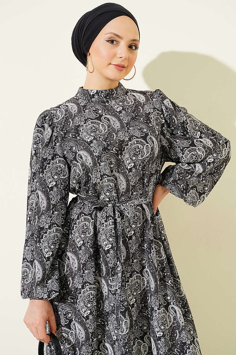 Belted Paisley Dress with Puff Sleeves - Black