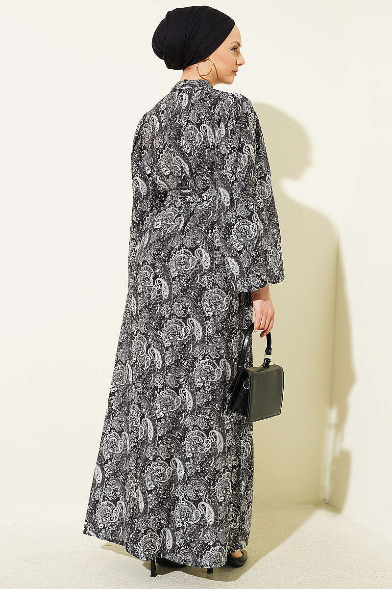 Belted Paisley Dress with Puff Sleeves - Black