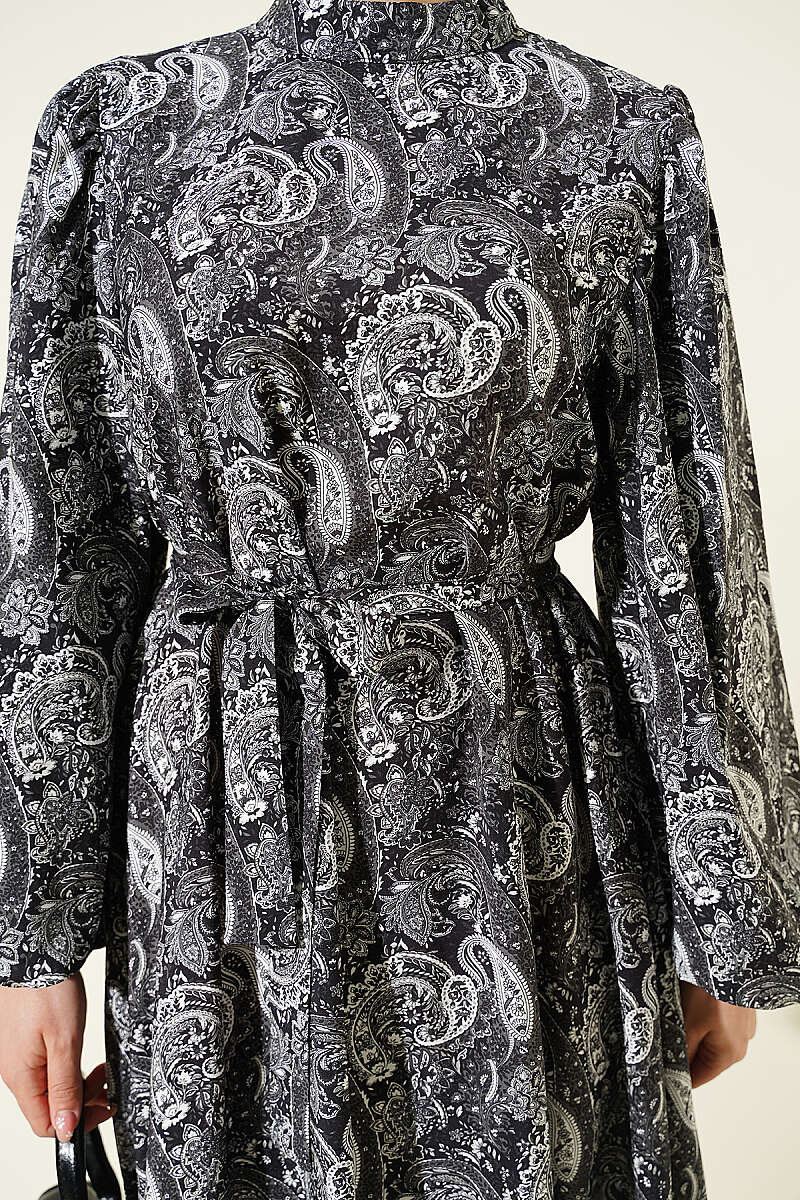 Belted Paisley Dress with Puff Sleeves - Black