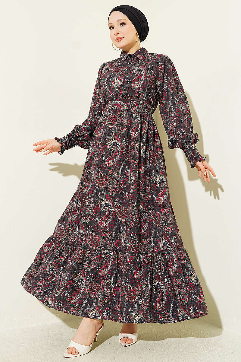 Paisley Dress with Piped Cuffs - Black
