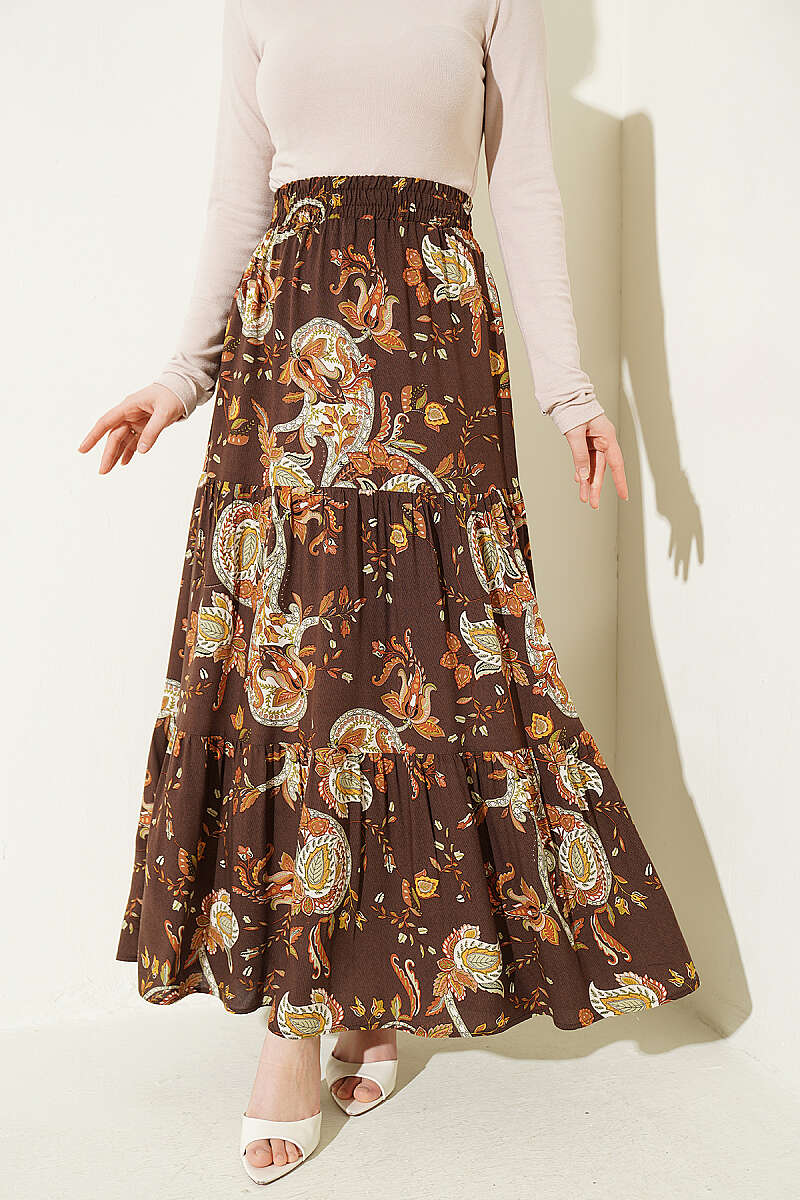 Tiered Paisley Viscose Skirt - Brown